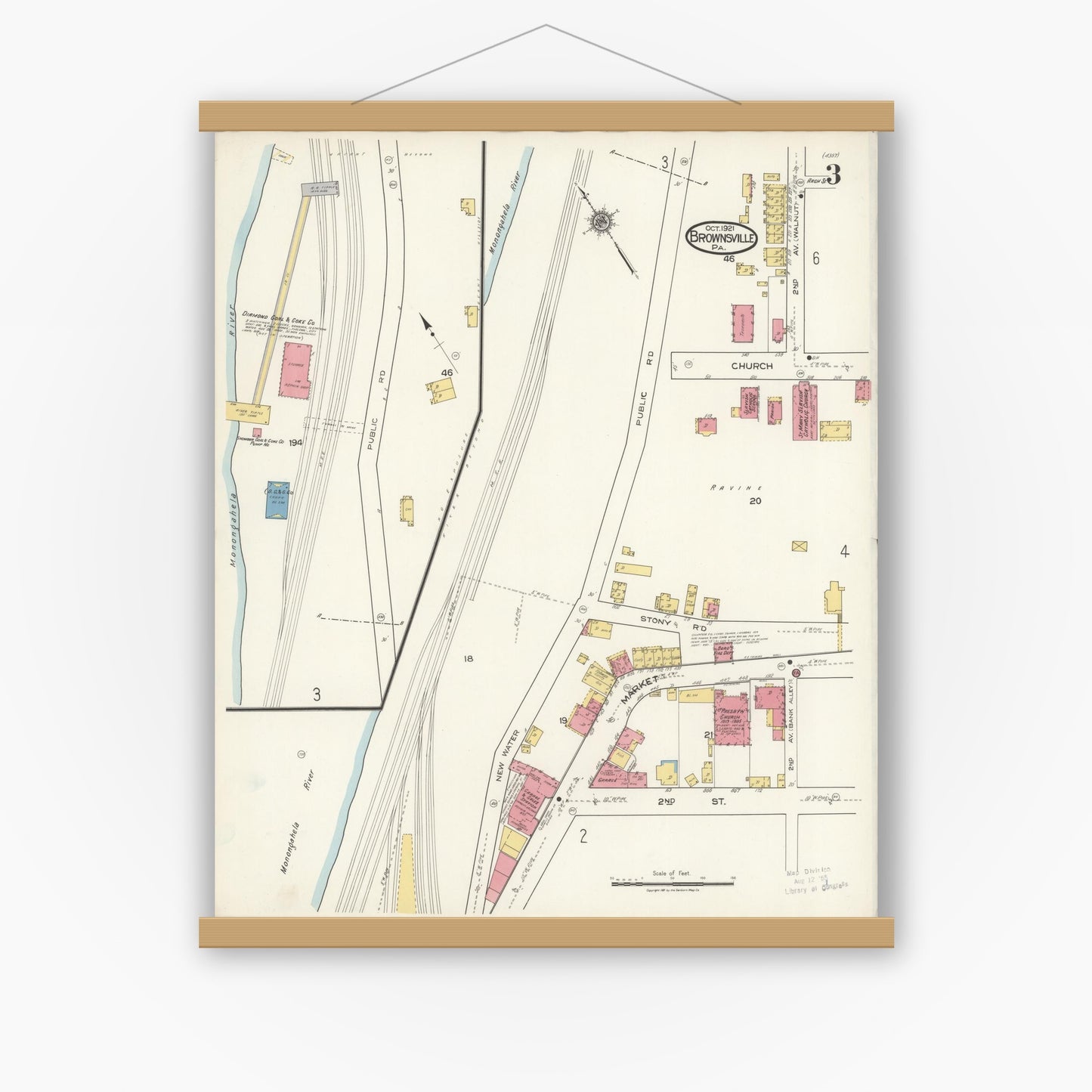 Old map wall art mockup — magnetic wood frame on white wall — Sanborn Fire Insurance Map from Brownsville, Fayette County, Pennsylvania (1921), Sheet #0003