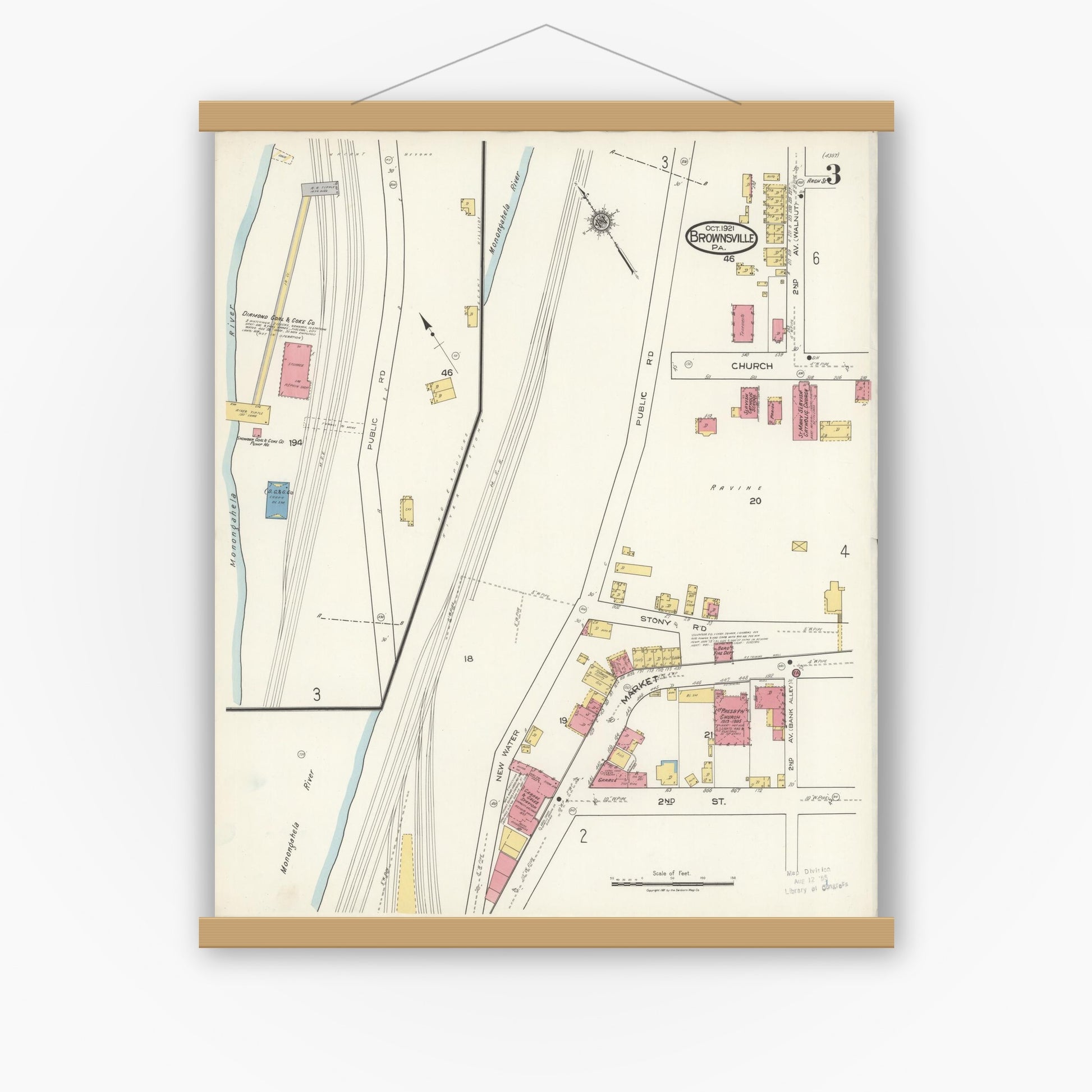 Old map wall art mockup — magnetic wood frame on white wall — Sanborn Fire Insurance Map from Brownsville, Fayette County, Pennsylvania (1921), Sheet #0003