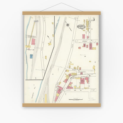 Old map wall art mockup — magnetic wood frame on white wall — Sanborn Fire Insurance Map from Brownsville, Fayette County, Pennsylvania (1921), Sheet #0003