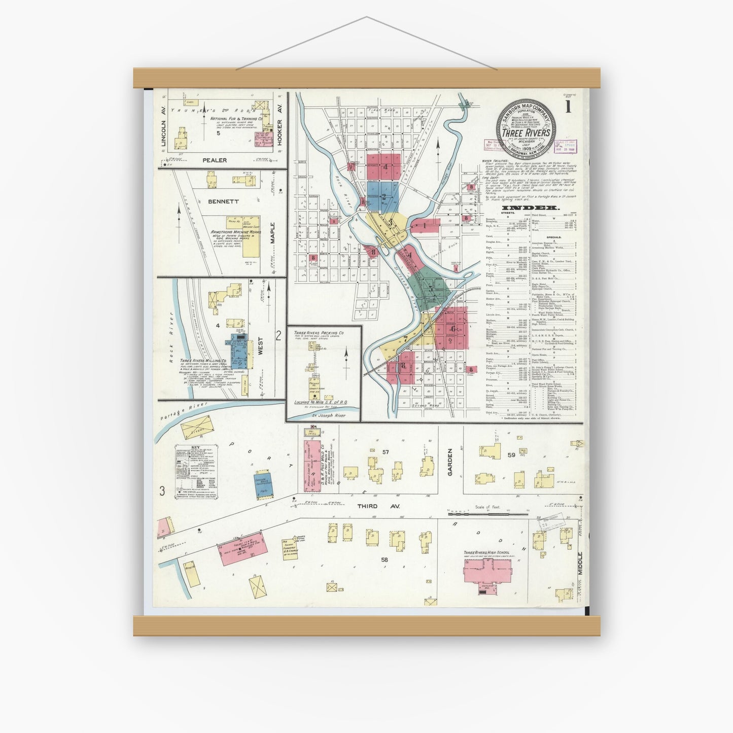 Old map wall art mockup — magnetic wood frame on white wall — Sanborn Fire Insurance Map from Three Rivers, Saint Joseph County, Michigan (1909), Sheet #0001