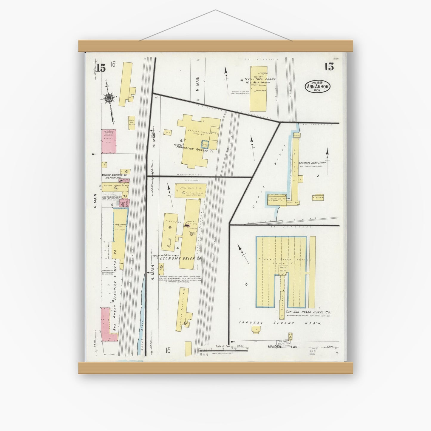 Old map wall art mockup — magnetic wood frame on white wall — Sanborn Fire Insurance Map from Ann Arbor, Washtenaw County, Michigan (1925), Sheet #0015