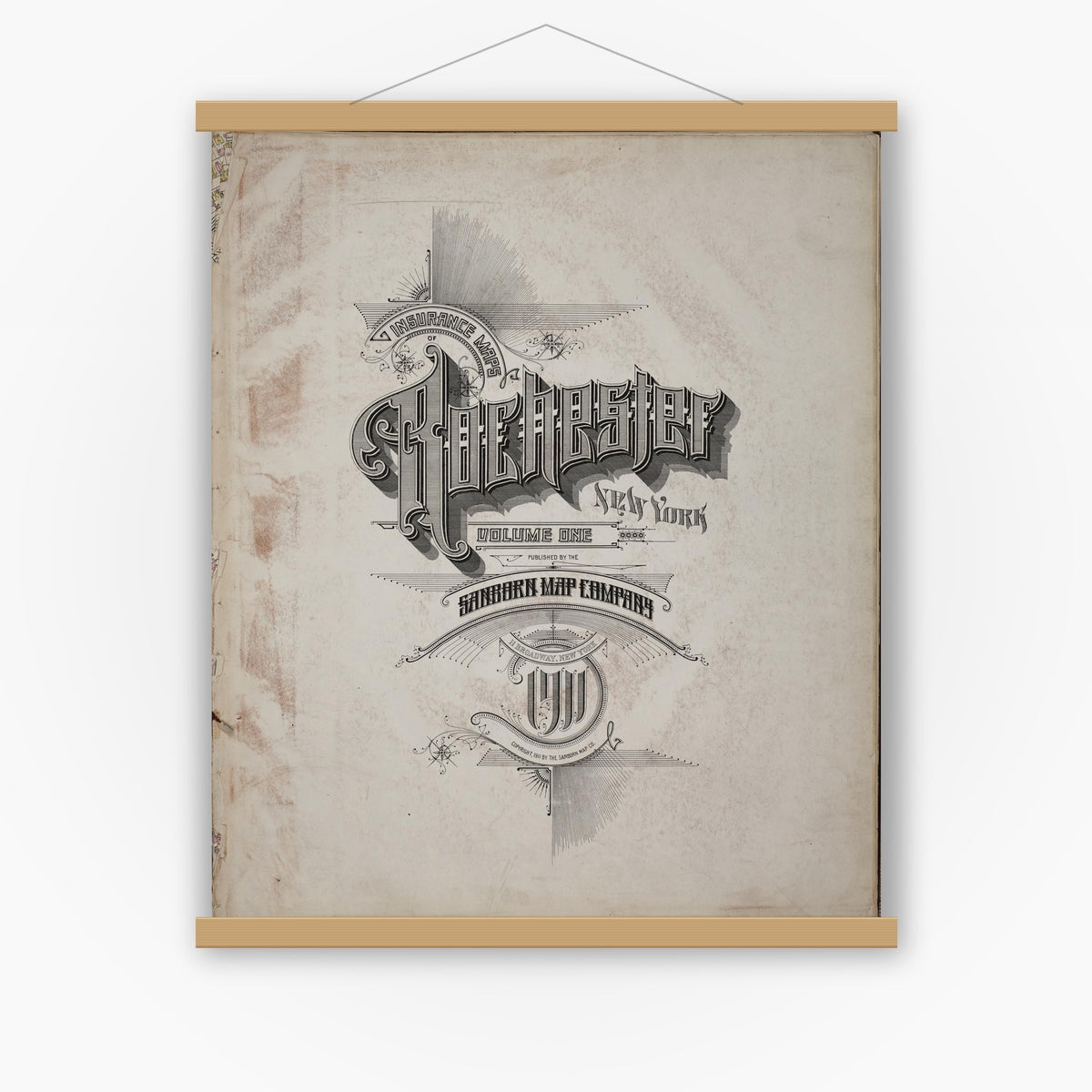 Old map wall art mockup — magnetic wood frame on white wall — Sanborn Fire Insurance Map from Rochester, Monroe County, New York (1911), Sheet #0001
