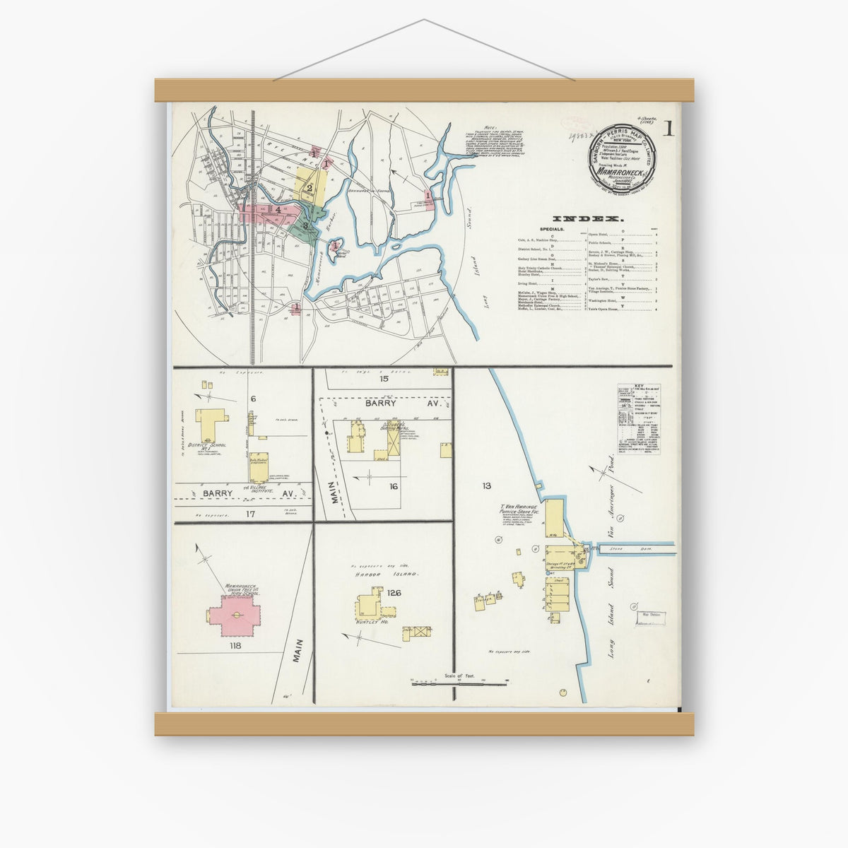 Old map wall art mockup — magnetic wood frame on white wall — Sanborn Fire Insurance Map from Mamaroneck, Westchester County, New York (1892), Sheet #0001