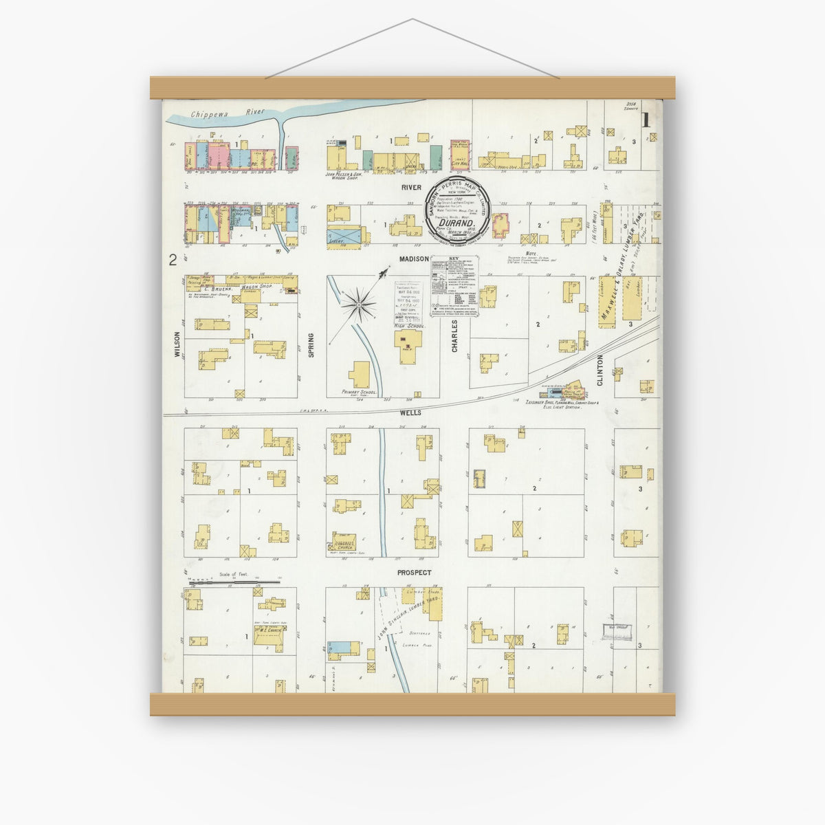 Old map wall art mockup — magnetic wood frame on white wall — Sanborn Fire Insurance Map from Durand, Pepin County, Wisconsin (1900) - Complete Map Set