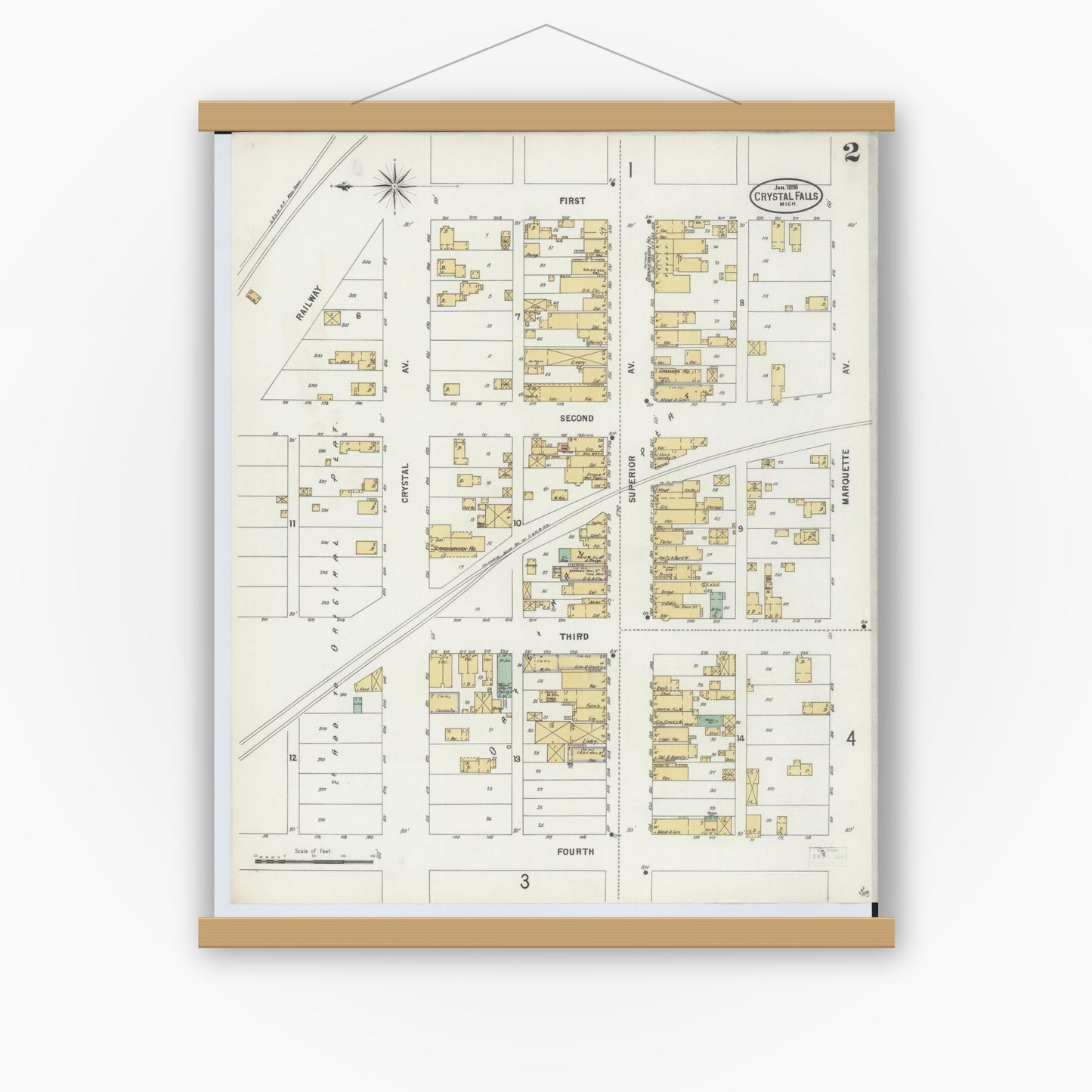 Old map wall art mockup — magnetic wood frame on white wall — Sanborn Fire Insurance Map from Crystal Falls, Iron County, Michigan (1898), Sheet #0002