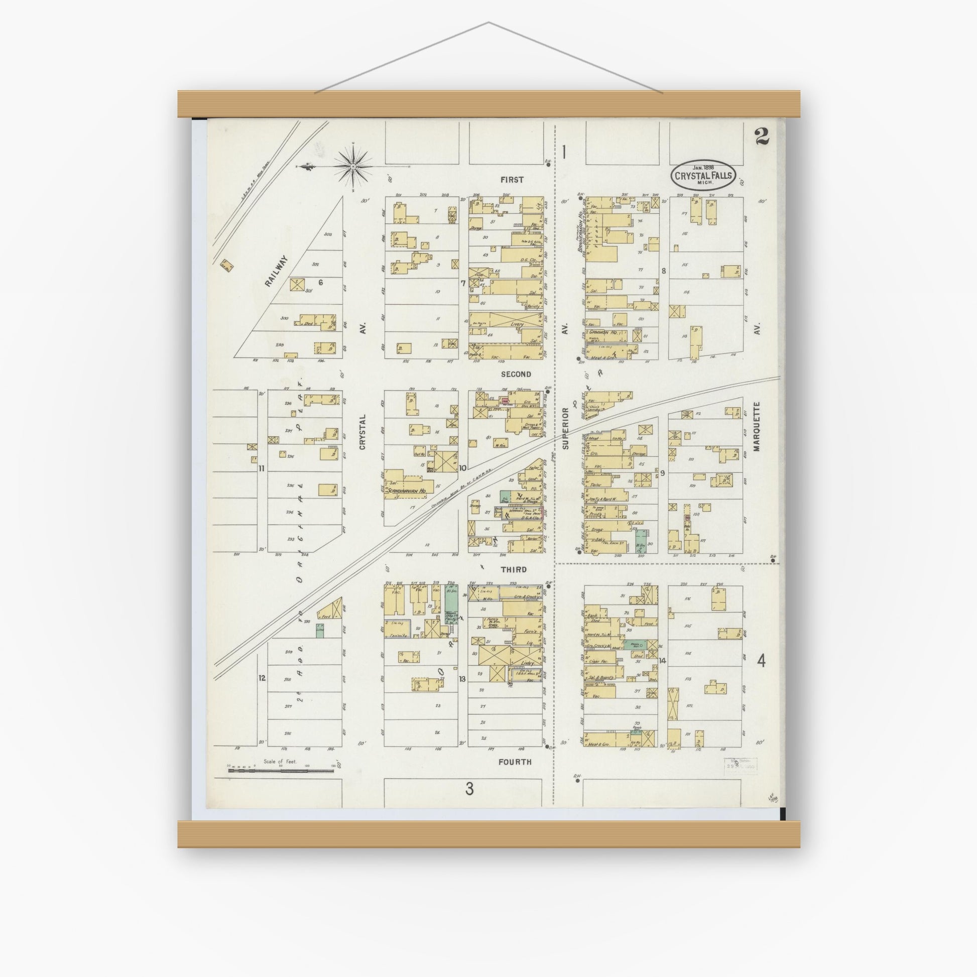 Old map wall art mockup — magnetic wood frame on white wall — Sanborn Fire Insurance Map from Crystal Falls, Iron County, Michigan (1898), Sheet #0002