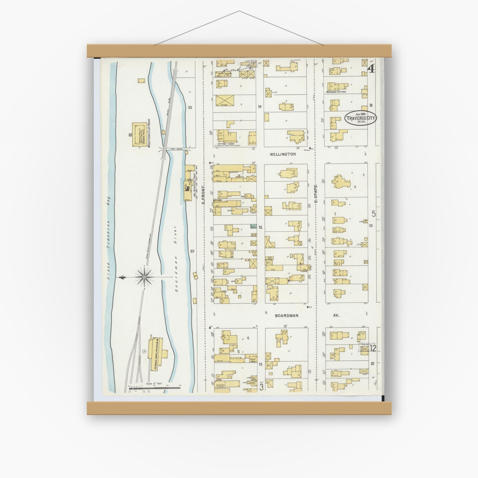 Old map wall art mockup — magnetic wood frame on white wall — Sanborn Fire Insurance Map from Traverse City, Grand Traverse County, Michigan (1899), Sheet #0004