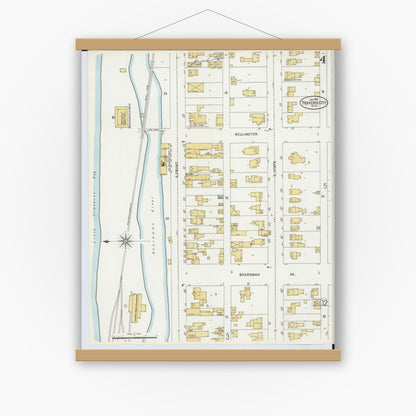 Old map wall art mockup — magnetic wood frame on white wall — Sanborn Fire Insurance Map from Traverse City, Grand Traverse County, Michigan (1899), Sheet #0004