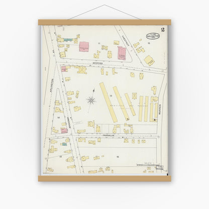 Old map wall art mockup — magnetic wood frame on white wall — Sanborn Fire Insurance Map from Arlington, Middlesex County, Massachusetts (1892), Sheet #0002