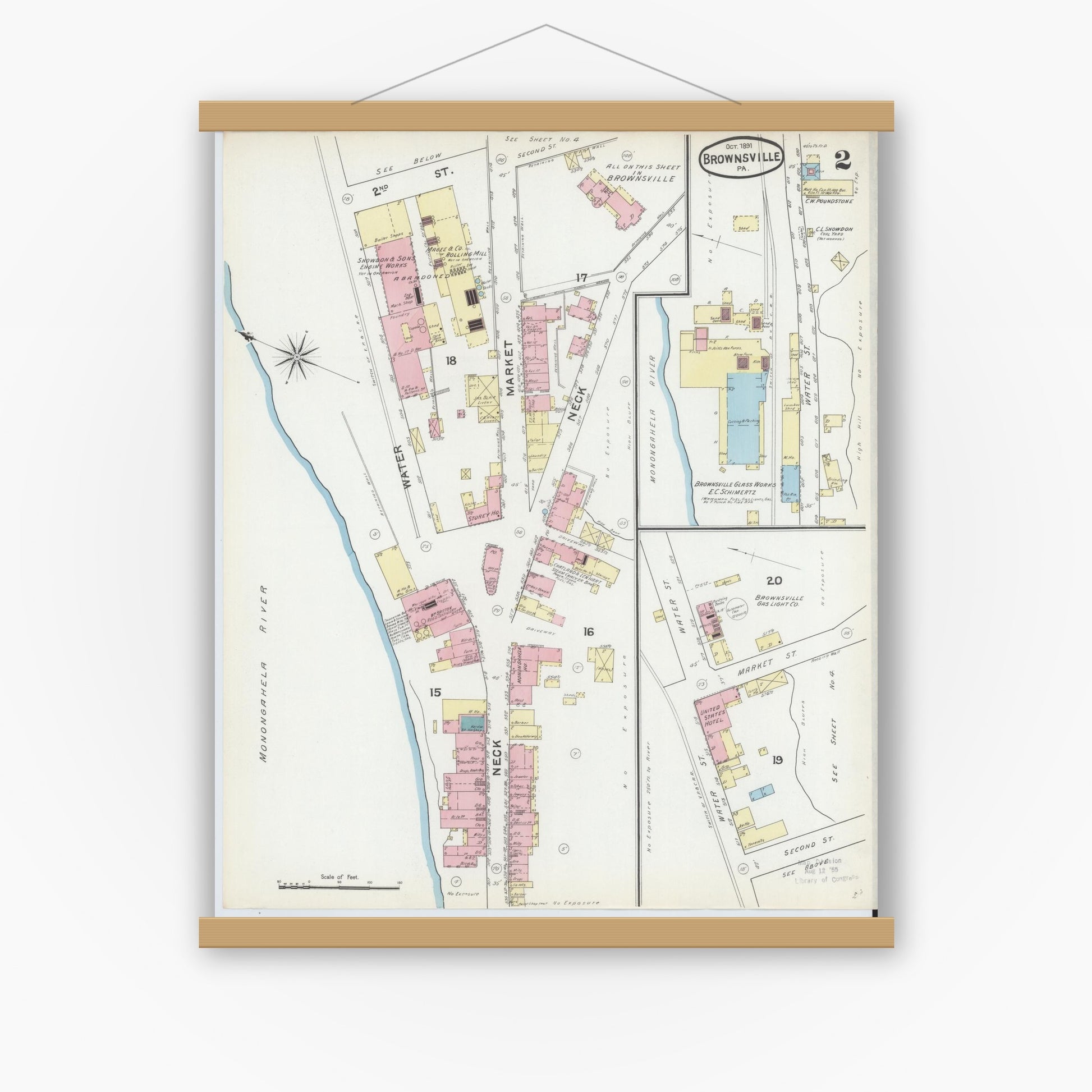 Old map wall art mockup — magnetic wood frame on white wall — Sanborn Fire Insurance Map from Brownsville, Fayette County, Pennsylvania (1891), Sheet #0002
