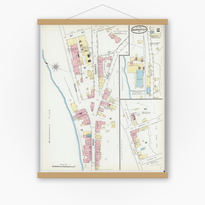 Old map wall art mockup — magnetic wood frame on white wall — Sanborn Fire Insurance Map from Brownsville, Fayette County, Pennsylvania (1891), Sheet #0002