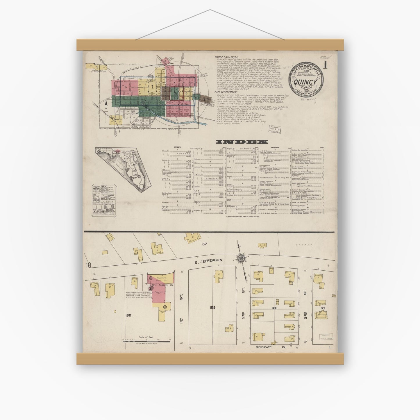 Old map wall art mockup — magnetic wood frame on white wall — Sanborn Fire Insurance Map from Quincy, Gadsden County, Florida (1922), Sheet #0001