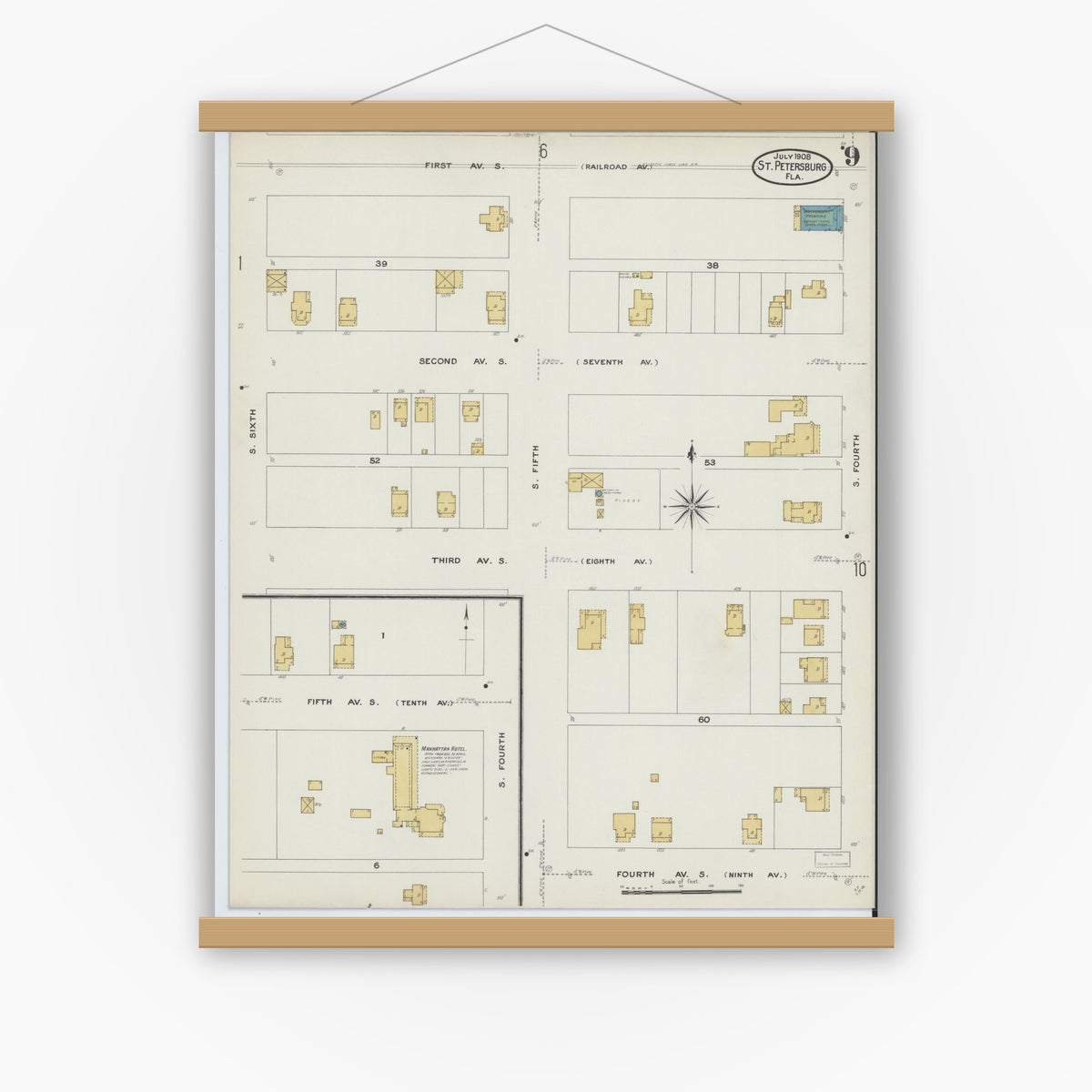 Old map wall art mockup — magnetic wood frame on white wall — Sanborn Fire Insurance Map from Saint Petersburg, Pinellas County, Florida (1908), Sheet #0009