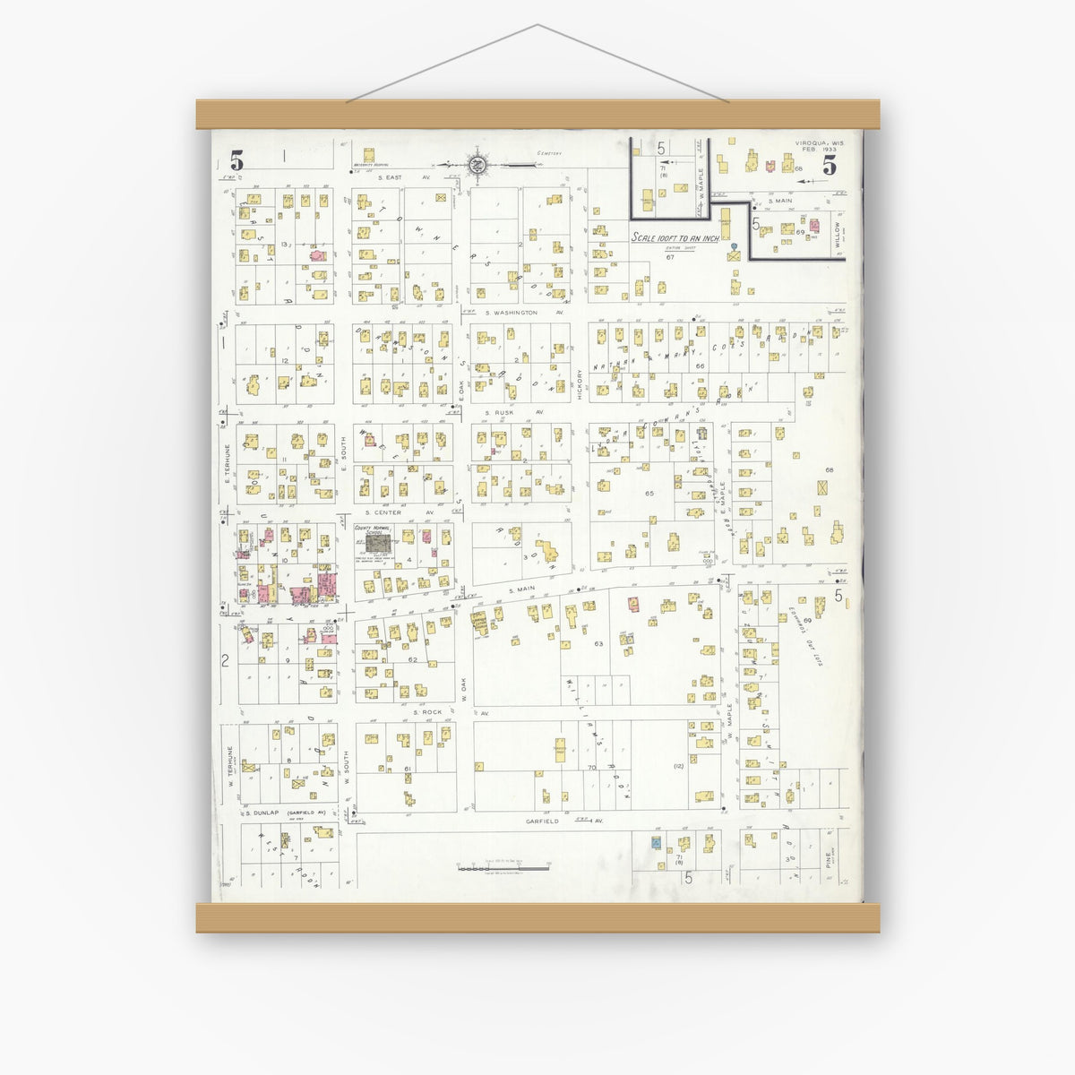 Old map wall art mockup — magnetic wood frame on white wall — Sanborn Fire Insurance Map from Viroqua, Vernon County, Wisconsin (1933), Sheet #0005