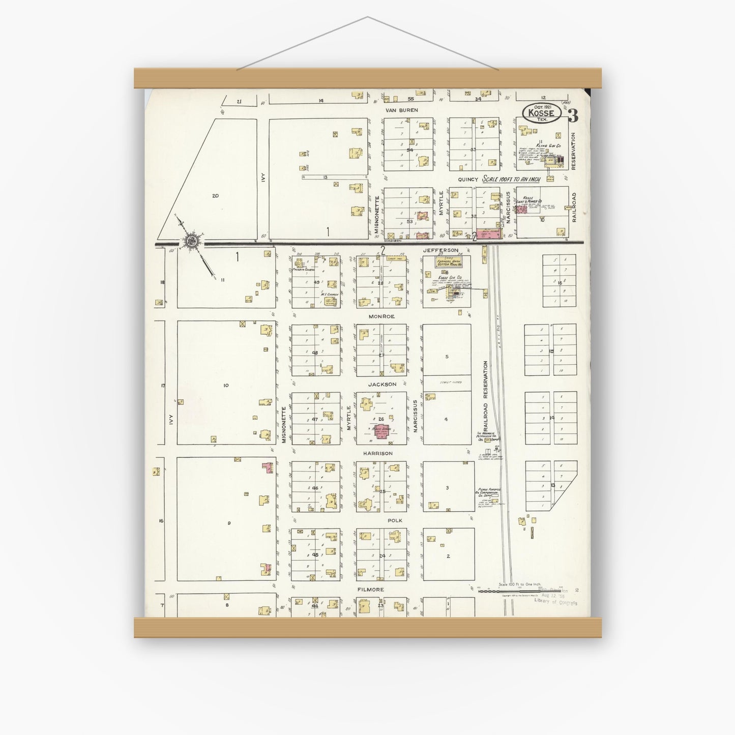 Old map wall art mockup — magnetic wood frame on white wall — Sanborn Fire Insurance Map from Kosse, Limestone County, Texas (1921), Sheet #0003