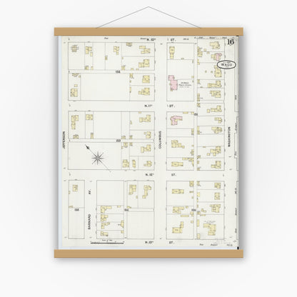 Old map wall art mockup — magnetic wood frame on white wall — Sanborn Fire Insurance Map from Waco, McLennan County, Texas (1889), Sheet #0016