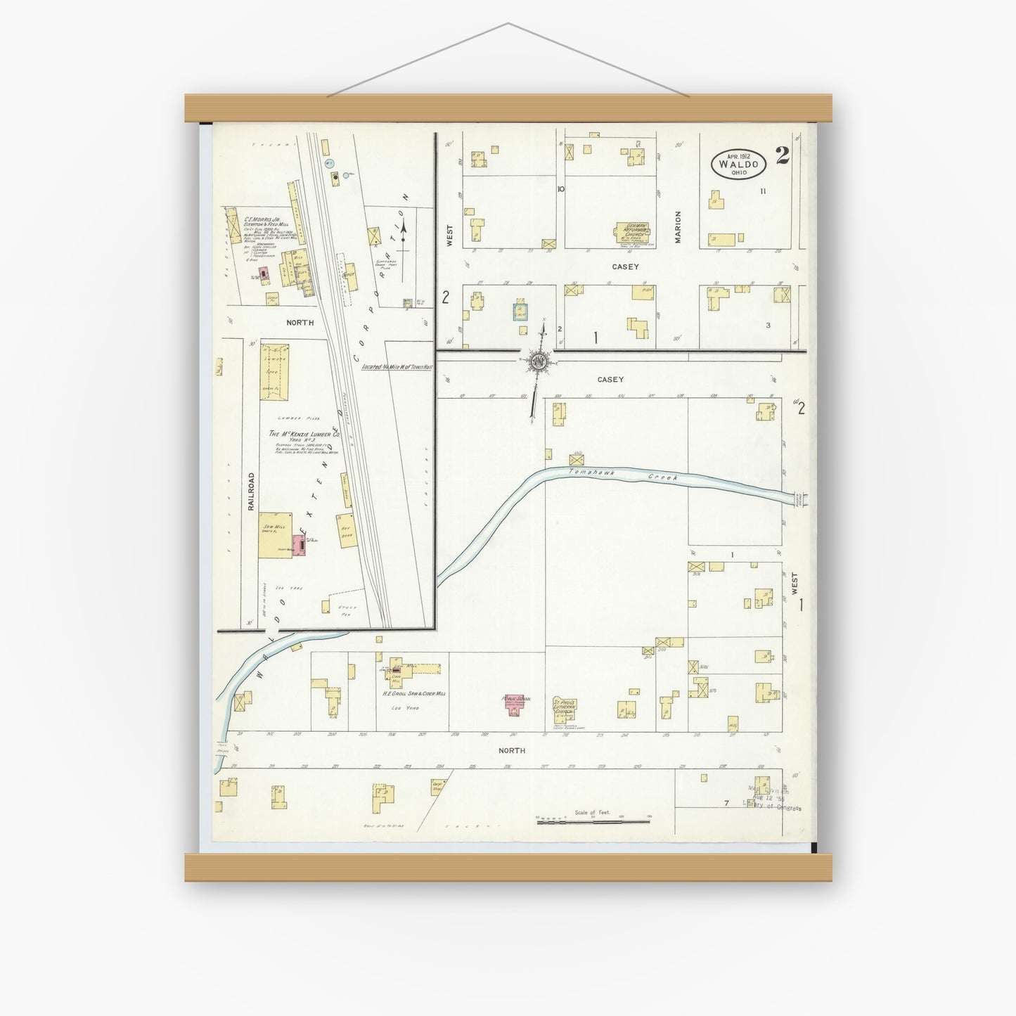 Old map wall art mockup — magnetic wood frame on white wall — Sanborn Fire Insurance Map from Waldo, Marion County, Ohio (1912), Sheet #0002