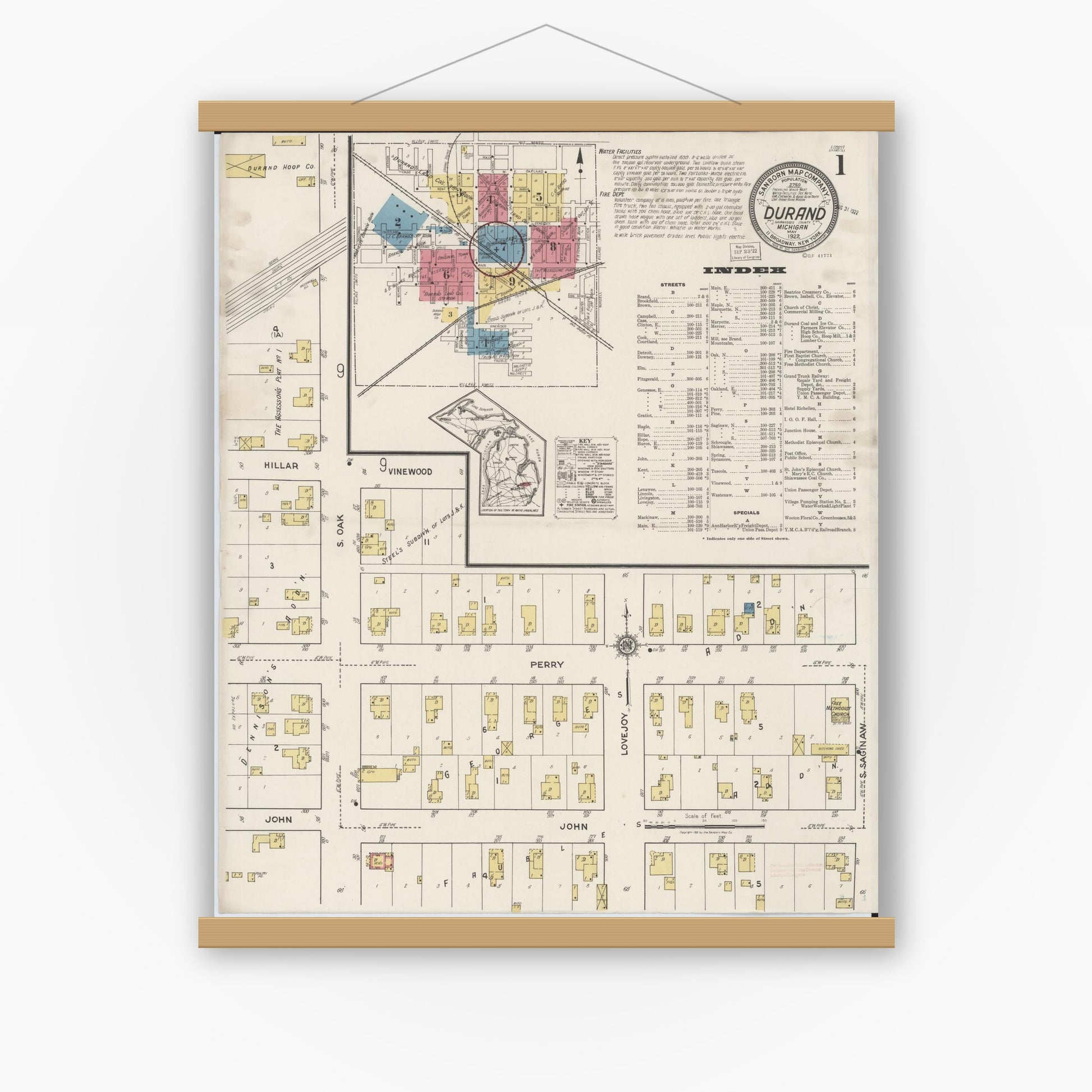Old map wall art mockup — magnetic wood frame on white wall — Sanborn Fire Insurance Map from Durand, Shiawassee County, Michigan (1922), Sheet #0001