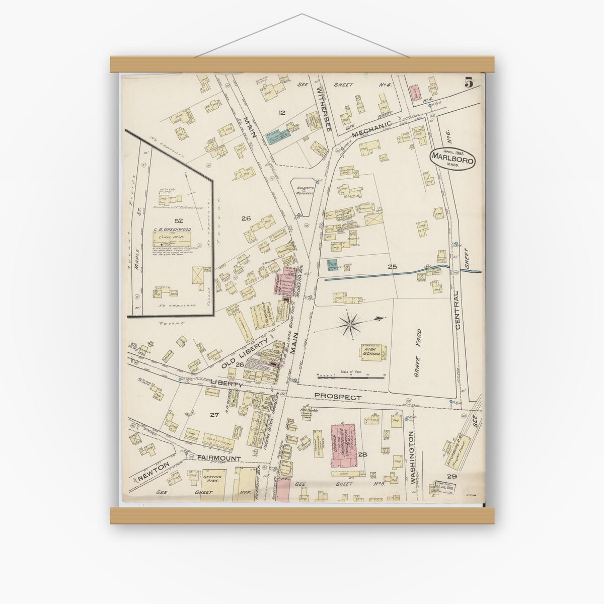 Old map wall art mockup — magnetic wood frame on white wall — Sanborn Fire Insurance Map from Marlborough, Middlesex County, Massachusetts (1885), Sheet #0005