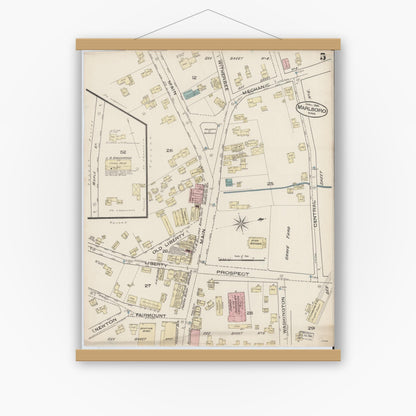 Old map wall art mockup — magnetic wood frame on white wall — Sanborn Fire Insurance Map from Marlborough, Middlesex County, Massachusetts (1885), Sheet #0005