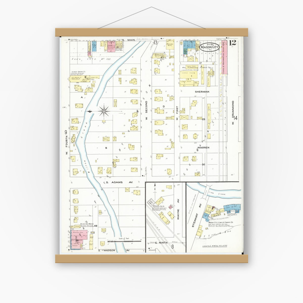 Old map wall art mockup — magnetic wood frame on white wall — Sanborn Fire Insurance Map from Mason City, Cerro Gordo County, Iowa (1909), Sheet #0012