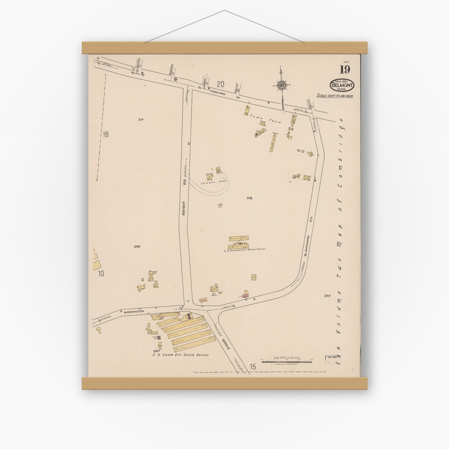 Old map wall art mockup — magnetic wood frame on white wall — Sanborn Fire Insurance Map from Belmont, Middlesex County, Massachusetts (1922), Sheet #0019