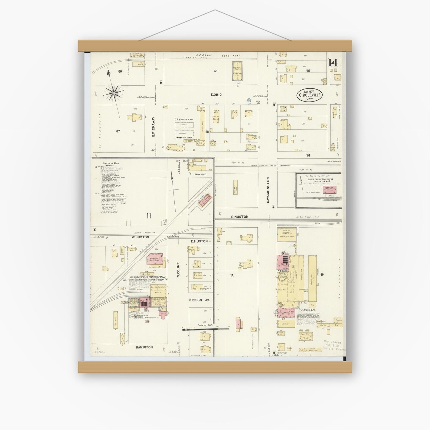 Old map wall art mockup — magnetic wood frame on white wall — Sanborn Fire Insurance Map from Circleville, Pickaway County, Ohio (1907), Sheet #0014