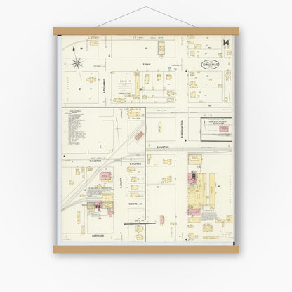 Old map wall art mockup — magnetic wood frame on white wall — Sanborn Fire Insurance Map from Circleville, Pickaway County, Ohio (1907), Sheet #0014