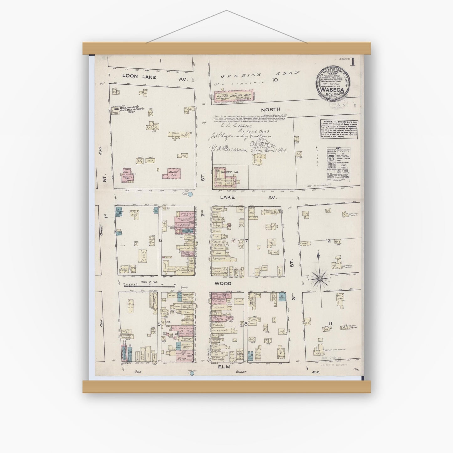 Old map wall art mockup — magnetic wood frame on white wall — Sanborn Fire Insurance Map from Waseca, Waseca County, Minnesota (1884) - Complete Map Set