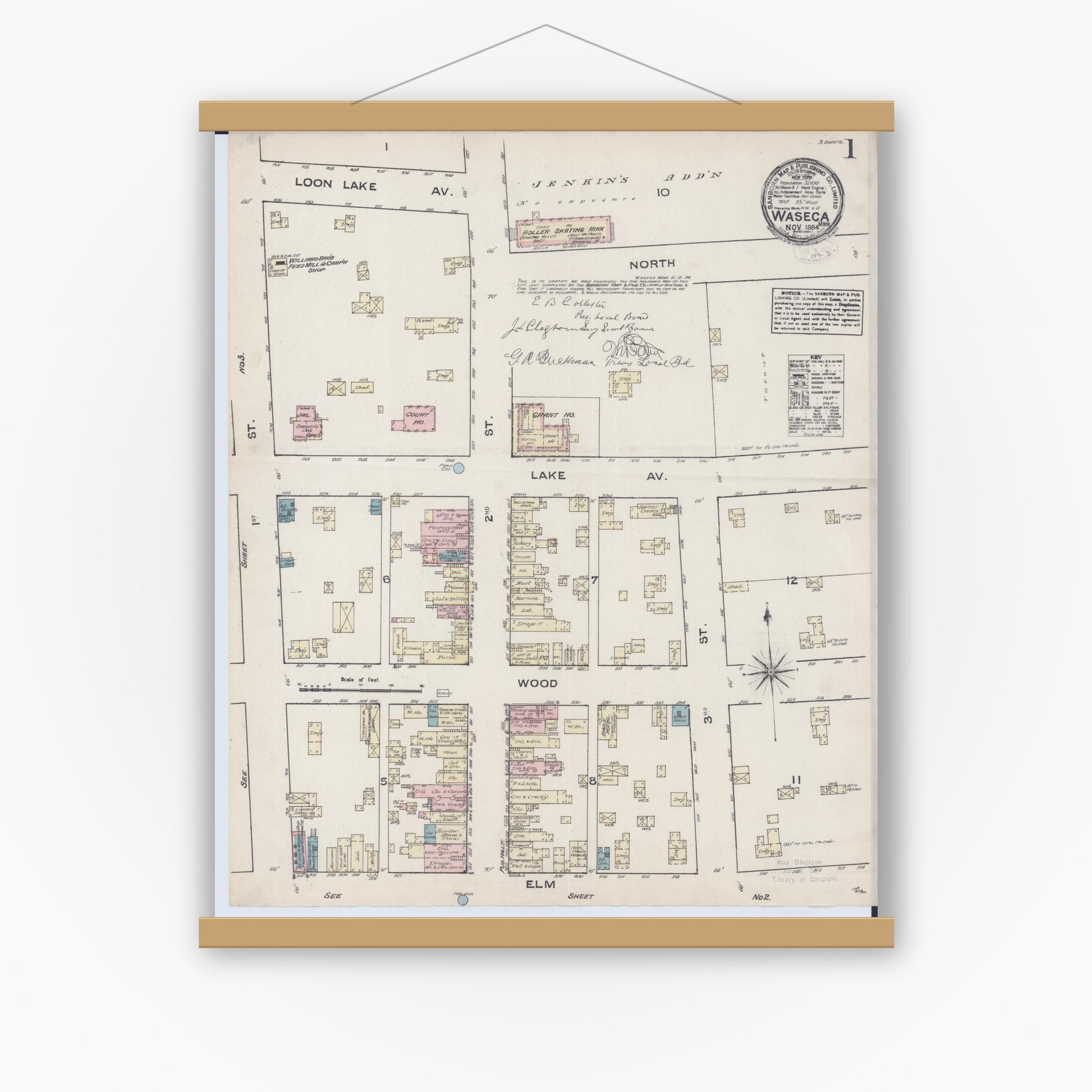 Old map wall art mockup — magnetic wood frame on white wall — Sanborn Fire Insurance Map from Waseca, Waseca County, Minnesota (1884) - Complete Map Set