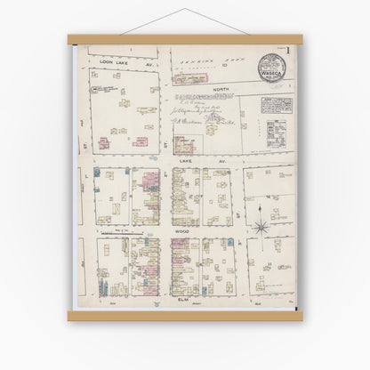 Old map wall art mockup — magnetic wood frame on white wall — Sanborn Fire Insurance Map from Waseca, Waseca County, Minnesota (1884) - Complete Map Set