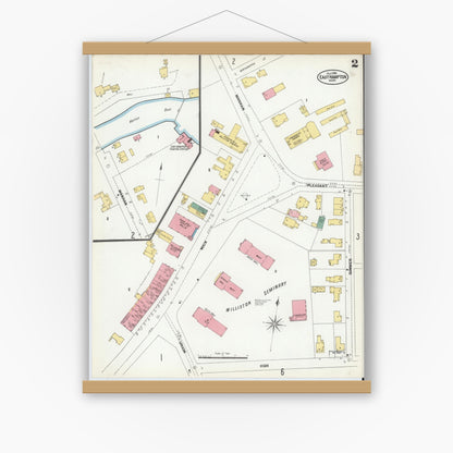 Old map wall art mockup — magnetic wood frame on white wall — Sanborn Fire Insurance Map from East Hampton, Hampshire County, Massachusetts (1902), Sheet #0002