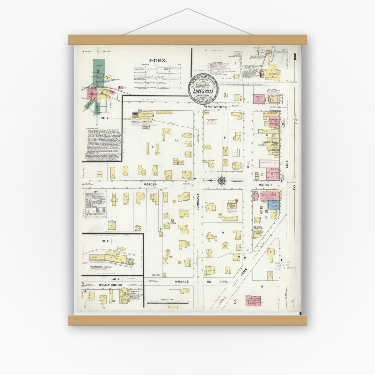 Old map wall art mockup — magnetic wood frame on white wall — Sanborn Fire Insurance Map from Linesville, Crawford County, Pennsylvania (1911) - Complete Map Set