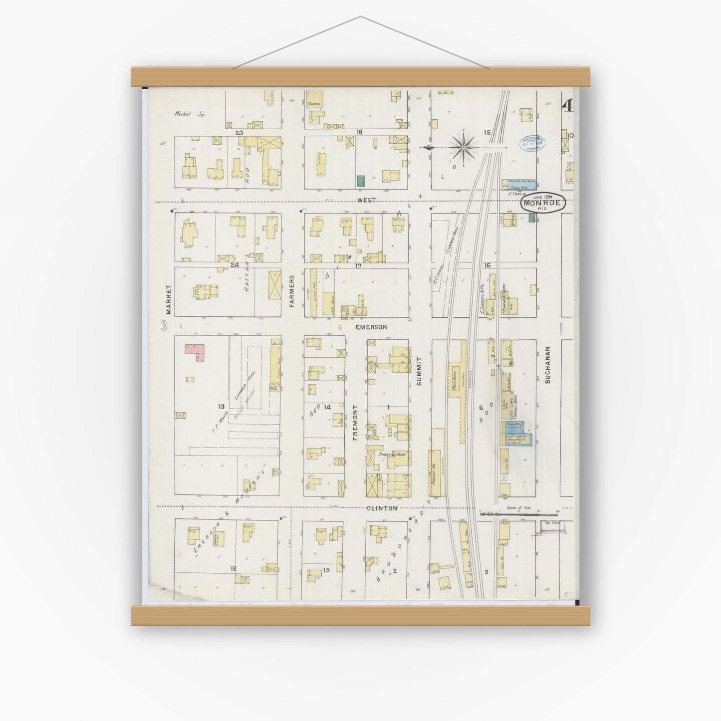 Old map wall art mockup — magnetic wood frame on white wall — Sanborn Fire Insurance Map from Monroe, Green County, Wisconsin (1894), Sheet #0004