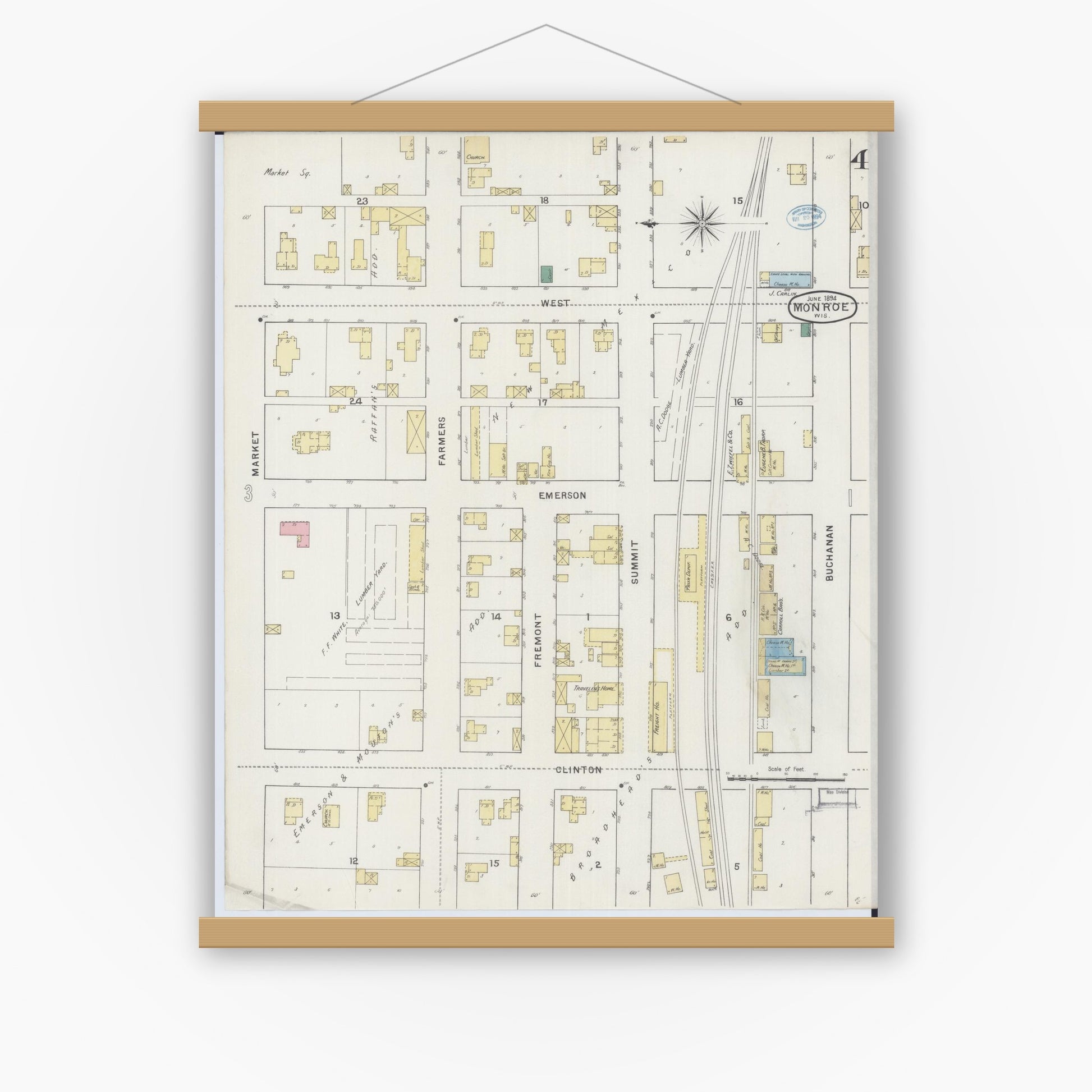 Old map wall art mockup — magnetic wood frame on white wall — Sanborn Fire Insurance Map from Monroe, Green County, Wisconsin (1894), Sheet #0004