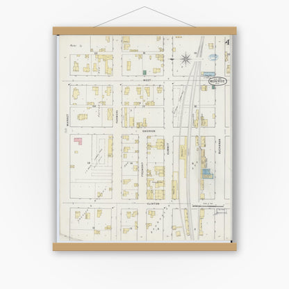 Old map wall art mockup — magnetic wood frame on white wall — Sanborn Fire Insurance Map from Monroe, Green County, Wisconsin (1894), Sheet #0004