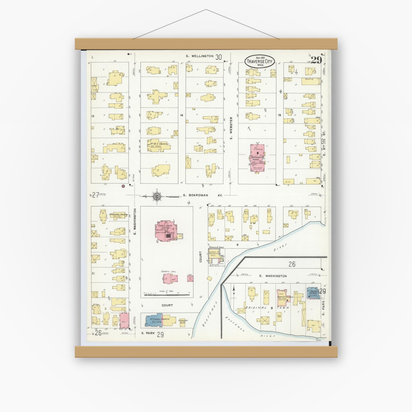 Old map wall art mockup — magnetic wood frame on white wall — Sanborn Fire Insurance Map from Traverse City, Grand Traverse County, Michigan (1910), Sheet #0029