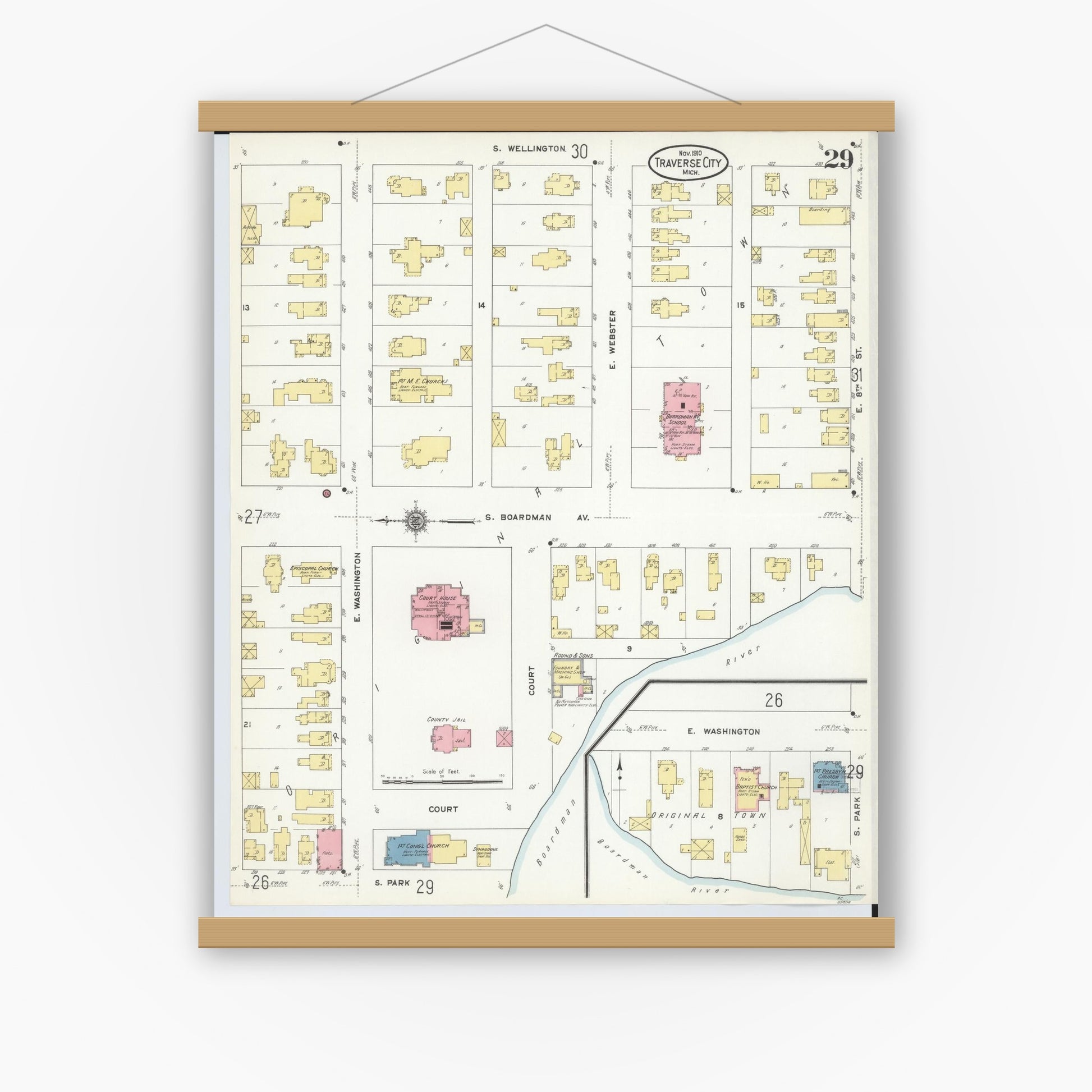 Old map wall art mockup — magnetic wood frame on white wall — Sanborn Fire Insurance Map from Traverse City, Grand Traverse County, Michigan (1910), Sheet #0029
