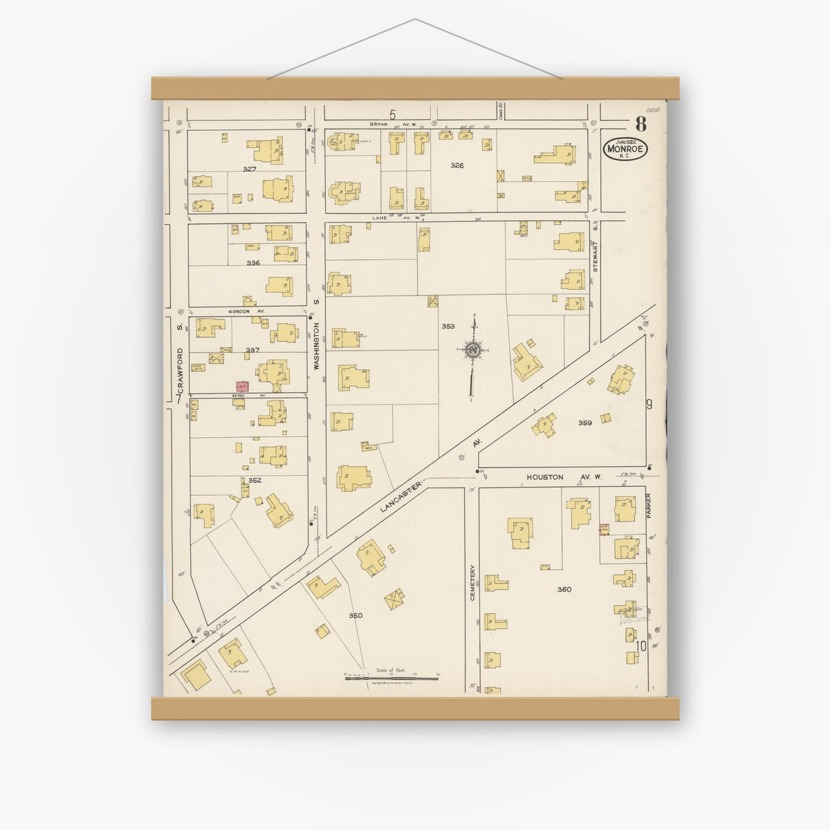 Old map wall art mockup — magnetic wood frame on white wall — Sanborn Fire Insurance Map from Monroe, Union County, North Carolina (1922), Sheet #0008