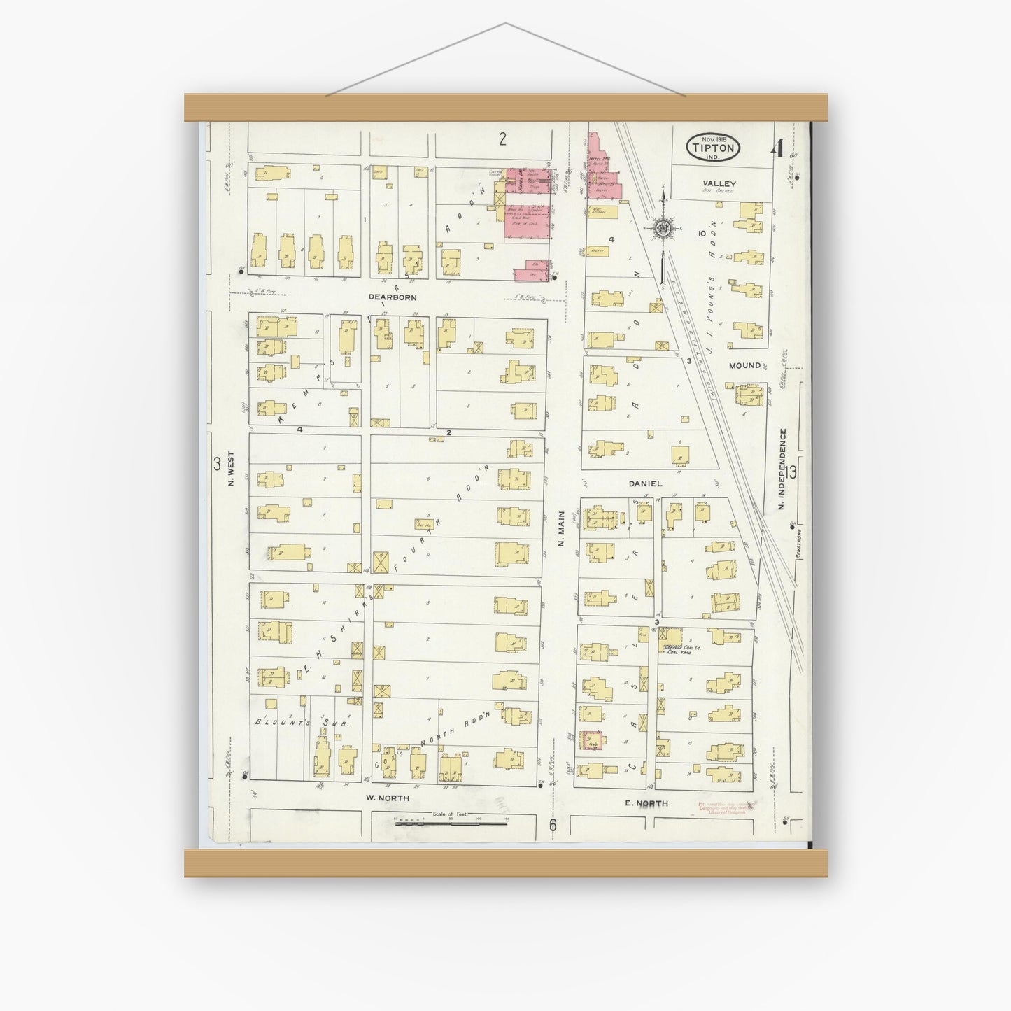 Old map wall art mockup — magnetic wood frame on white wall — Sanborn Fire Insurance Map from Tipton, Tipton County, Indiana (1915), Sheet #0004