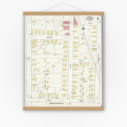 Old map wall art mockup — magnetic wood frame on white wall — Sanborn Fire Insurance Map from Tipton, Tipton County, Indiana (1915), Sheet #0004