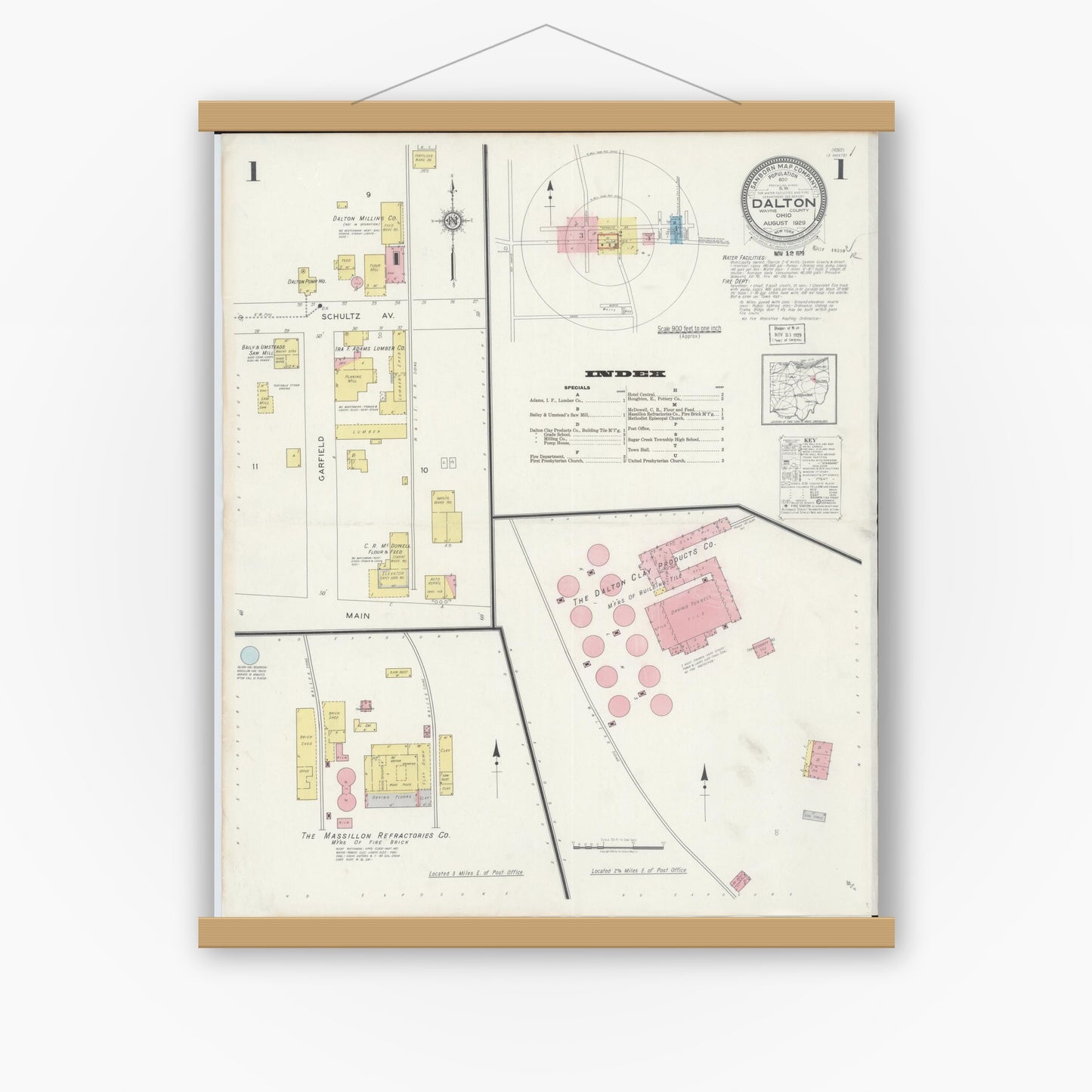 Old map wall art mockup — magnetic wood frame on white wall — Sanborn Fire Insurance Map from Dalton, Wayne County, Ohio (1929), Sheet #0001