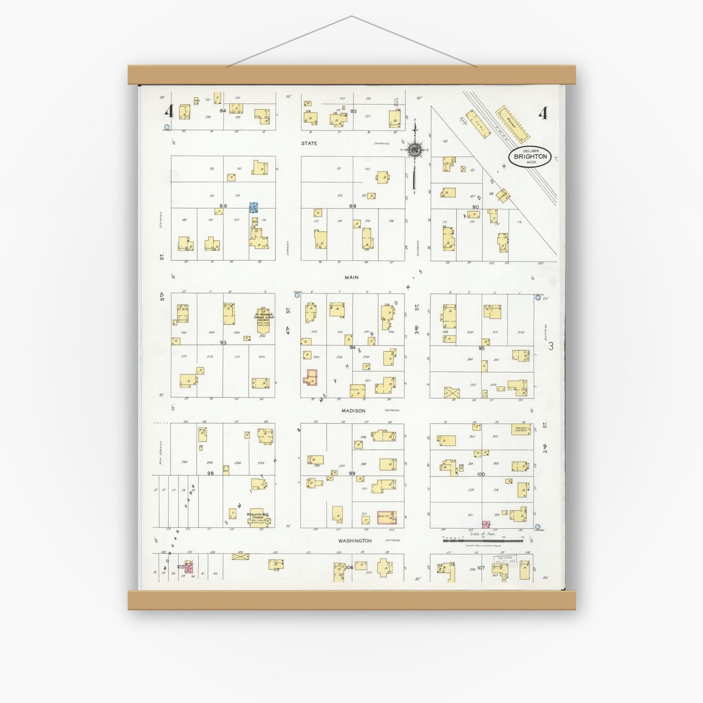 Old map wall art mockup — magnetic wood frame on white wall — Sanborn Fire Insurance Map from Brighton, Livingston County, Michigan (1928), Sheet #0004
