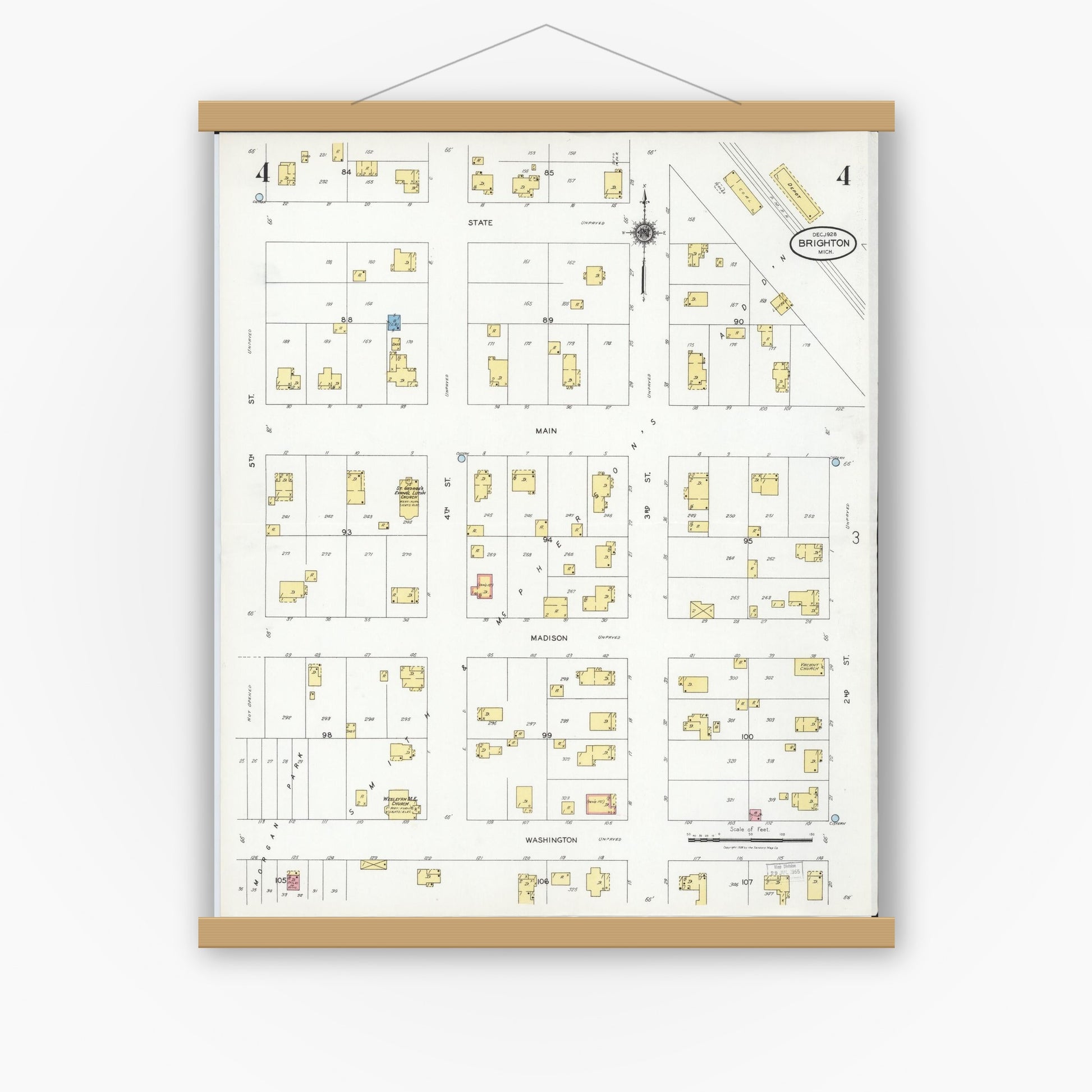 Old map wall art mockup — magnetic wood frame on white wall — Sanborn Fire Insurance Map from Brighton, Livingston County, Michigan (1928), Sheet #0004