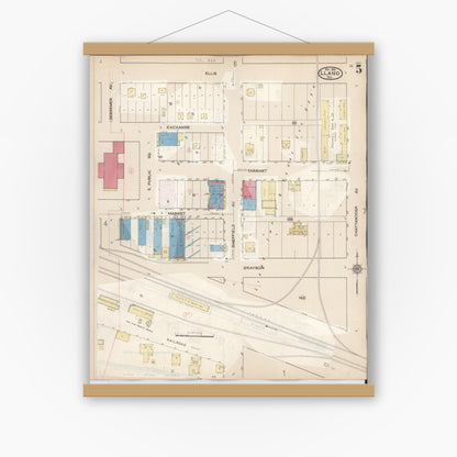 Old map wall art mockup — magnetic wood frame on white wall — Sanborn Fire Insurance Map from Llano, Llano County, Texas (1942), Sheet #0005