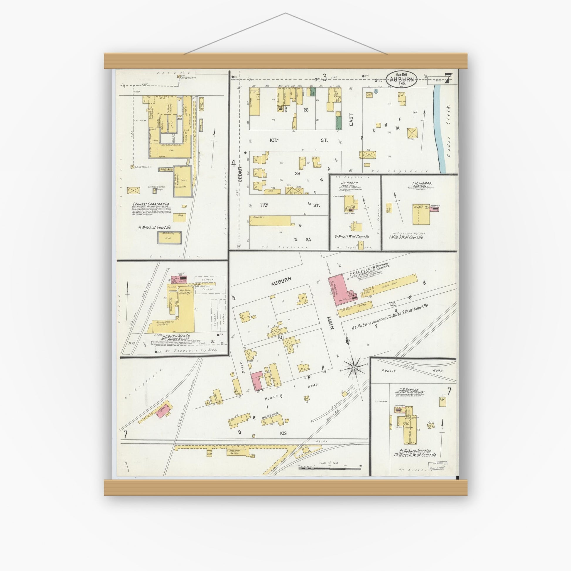 Old map wall art mockup — magnetic wood frame on white wall — Sanborn Fire Insurance Map from Auburn, De Kalb County, Indiana (1901), Sheet #0007