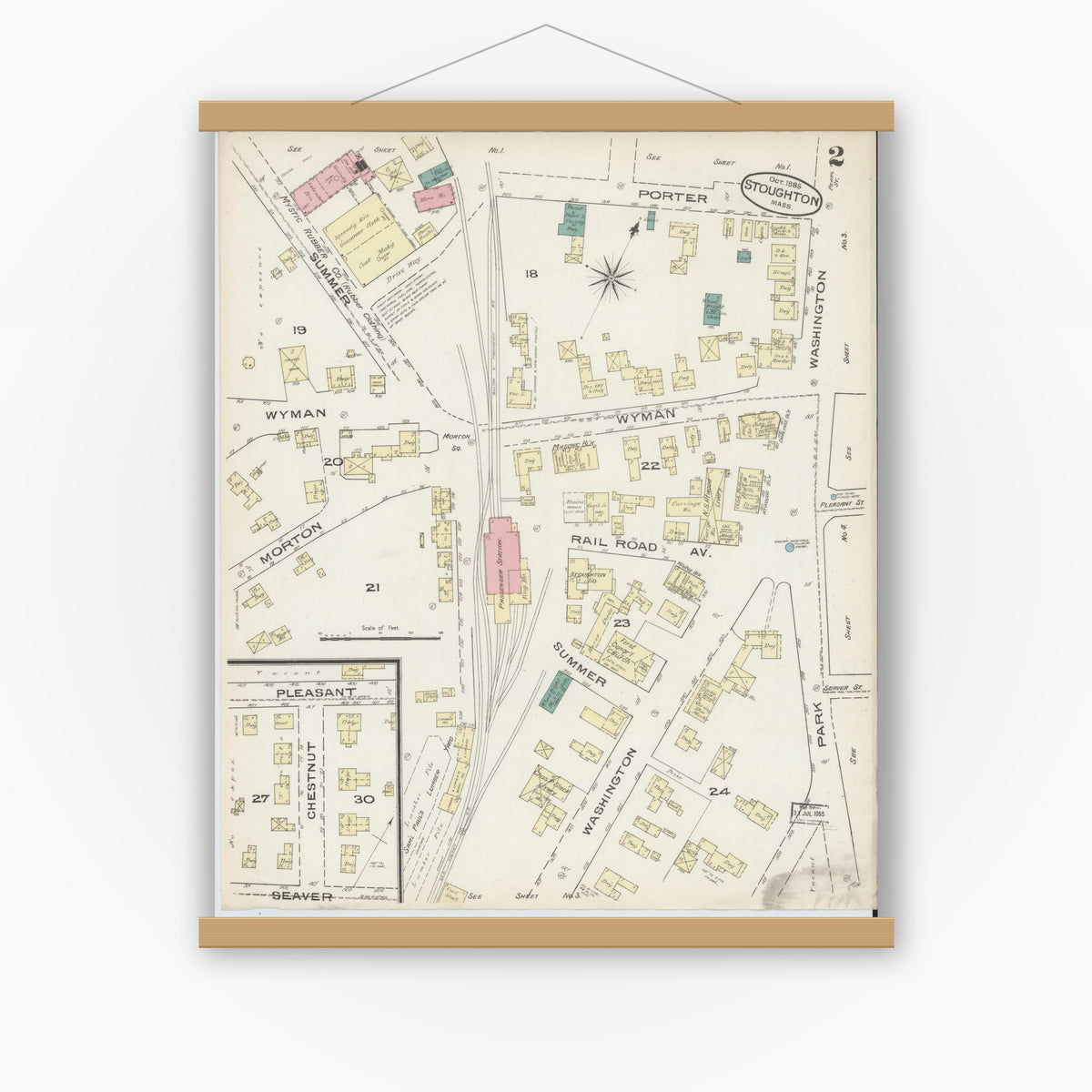 Old map wall art mockup — magnetic wood frame on white wall — Sanborn Fire Insurance Map from Stoughton, Norfolk County, Massachusetts (1885), Sheet #0002