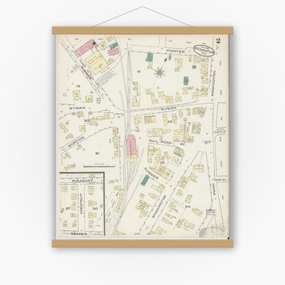 Old map wall art mockup — magnetic wood frame on white wall — Sanborn Fire Insurance Map from Stoughton, Norfolk County, Massachusetts (1885), Sheet #0002