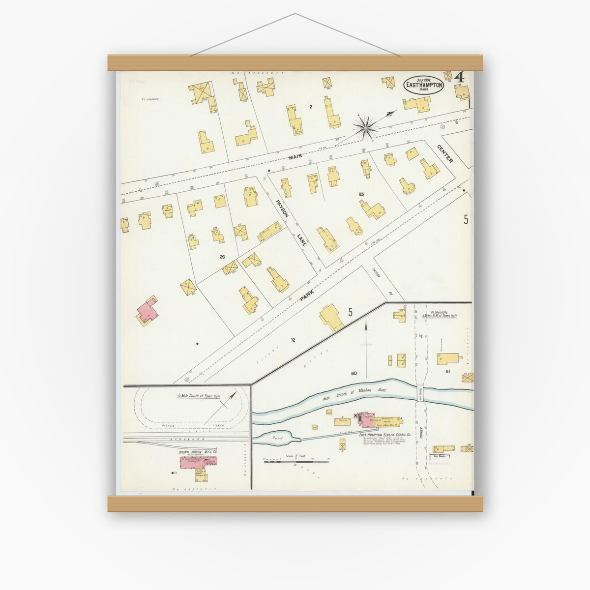 Old map wall art mockup — magnetic wood frame on white wall — Sanborn Fire Insurance Map from East Hampton, Hampshire County, Massachusetts (1902), Sheet #0004