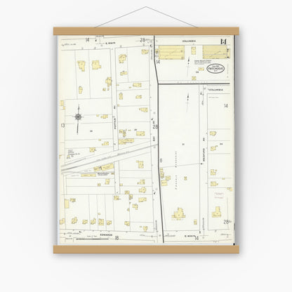 Old map wall art mockup — magnetic wood frame on white wall — Sanborn Fire Insurance Map from Patchogue, Suffolk County, New York (1910), Sheet #0014